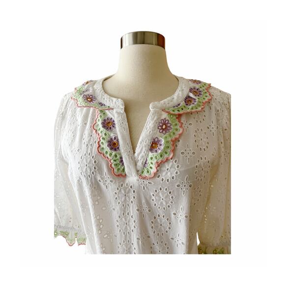 ROLLER RABBIT Luca Caftan Dress White Eyelet Embroidery Scalloped Floral Small - Picture 4 of 11